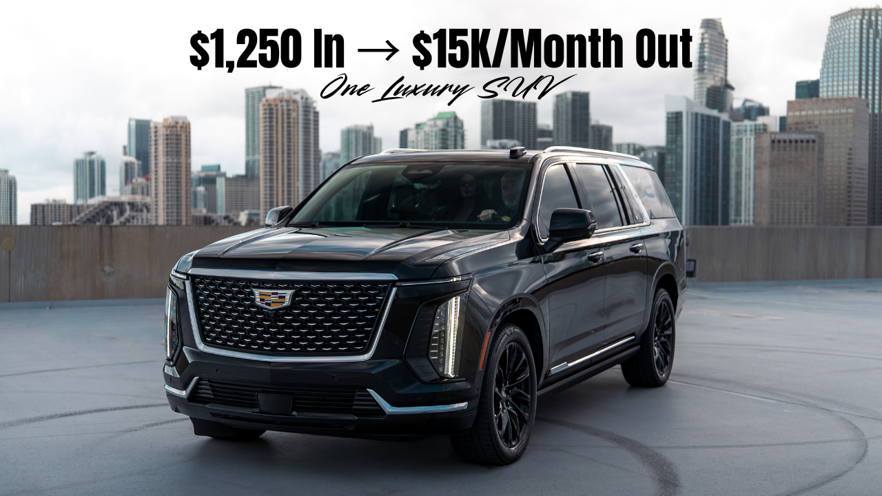 Black Cadillac Escalade luxury SUV in front of city skyline